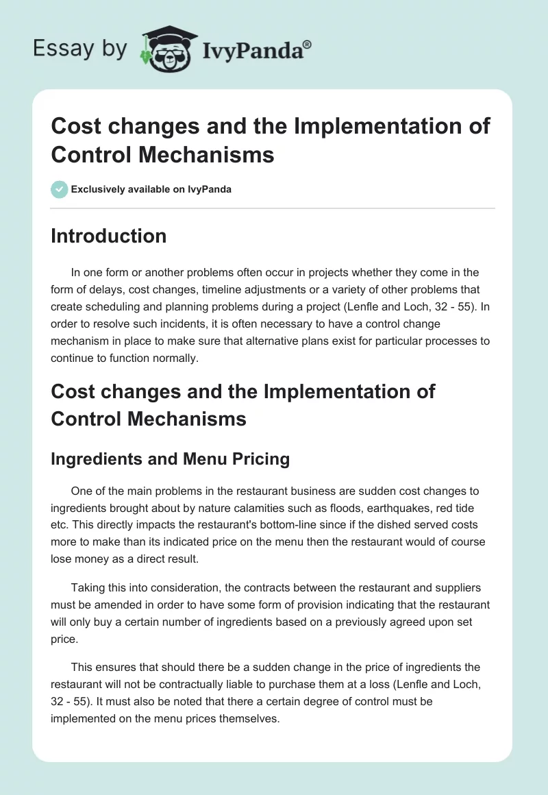 Cost changes and the Implementation of Control Mechanisms. Page 1