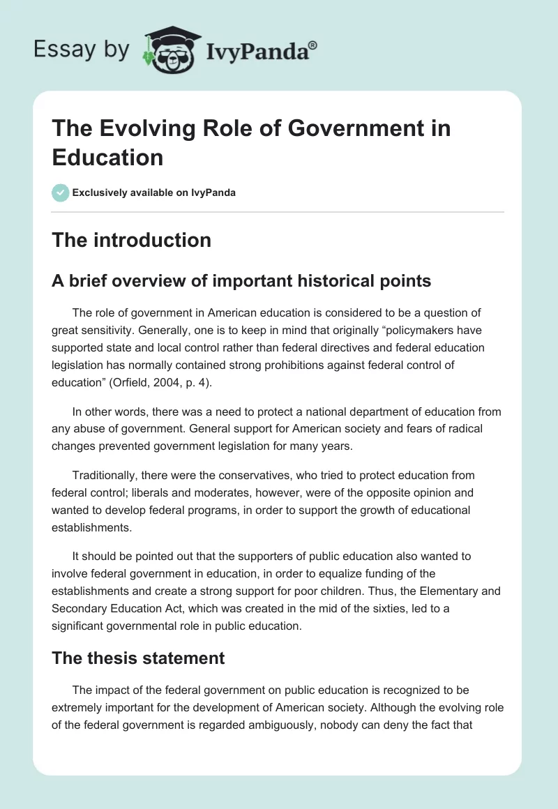 The Evolving Role of Government in Education. Page 1