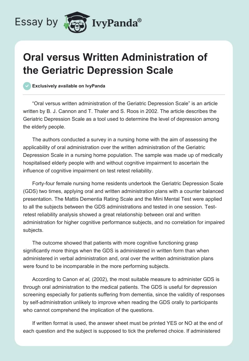 Oral versus Written Administration of the Geriatric Depression Scale. Page 1