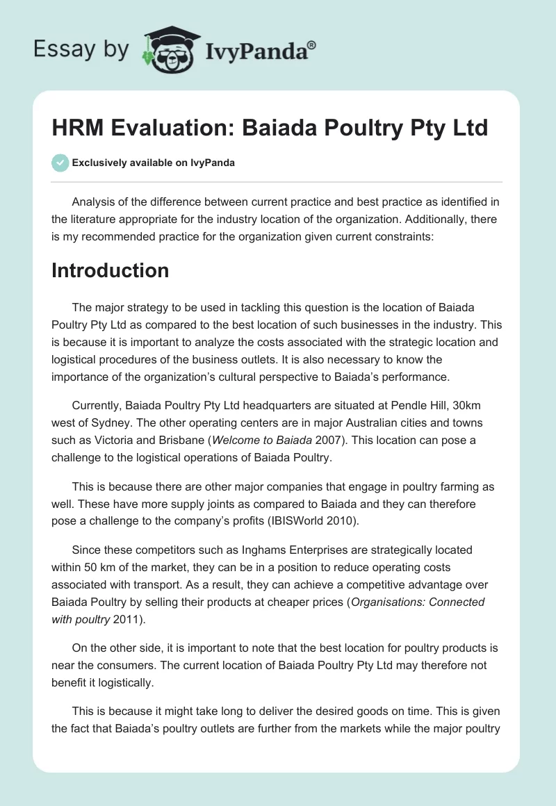 HRM Evaluation: Baiada Poultry Pty Ltd. Page 1