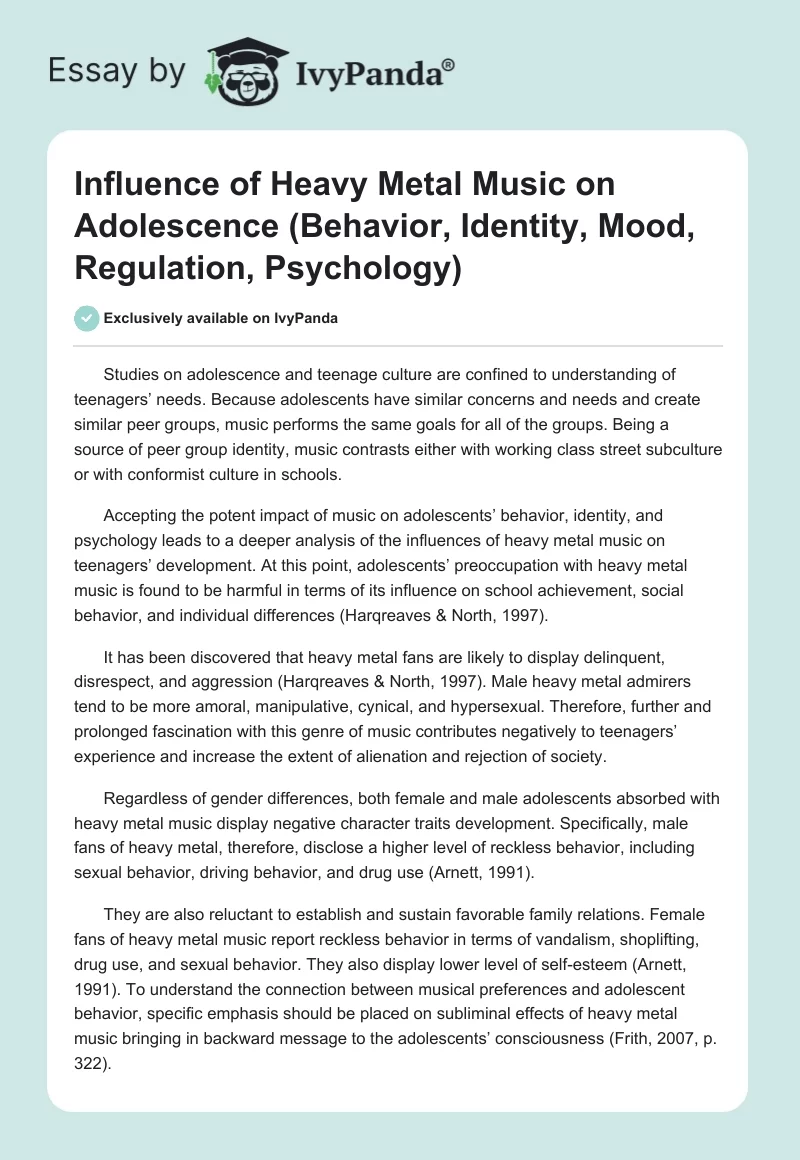 Influence of Heavy Metal Music on Adolescence (Behavior, Identity, Mood, Regulation, Psychology). Page 1