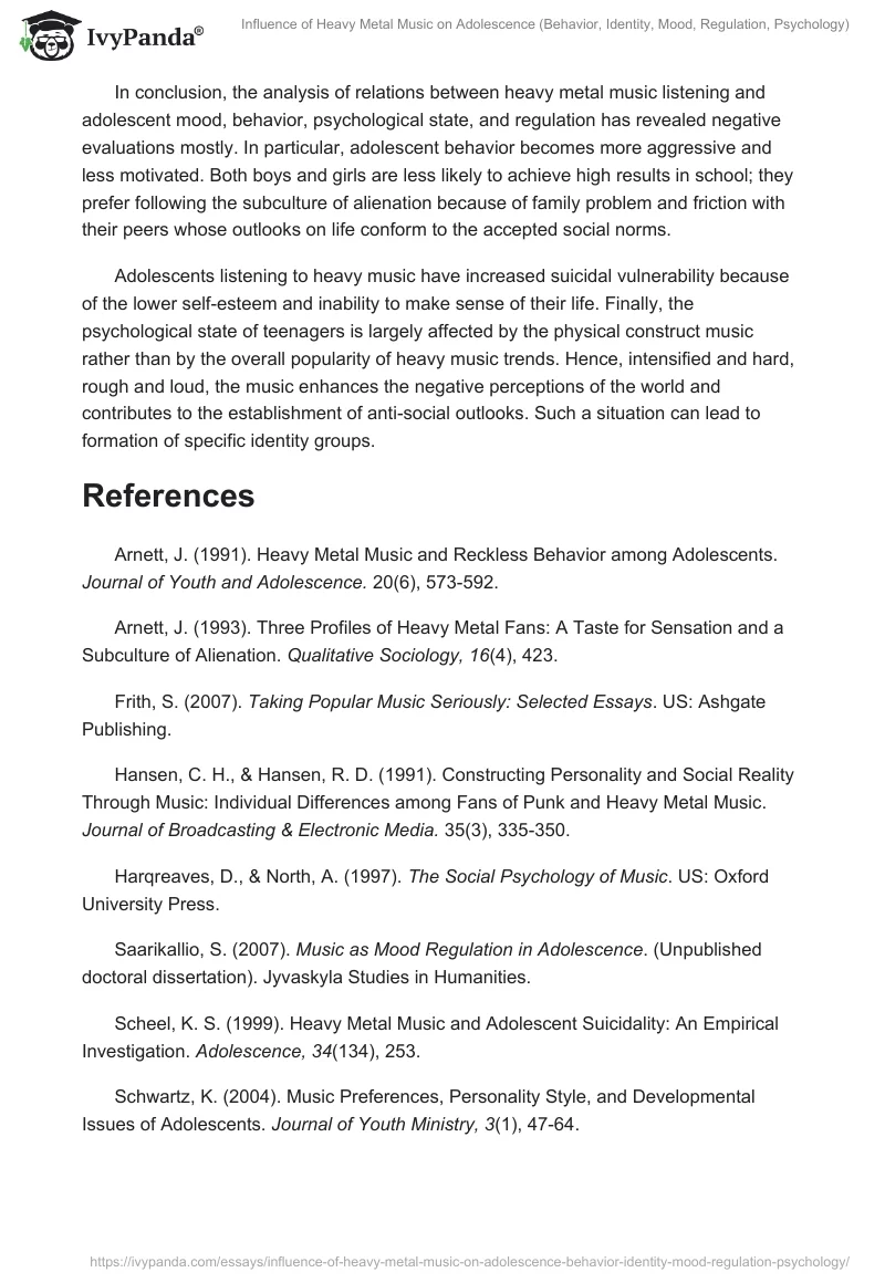 Influence of Heavy Metal Music on Adolescence (Behavior, Identity, Mood, Regulation, Psychology). Page 5