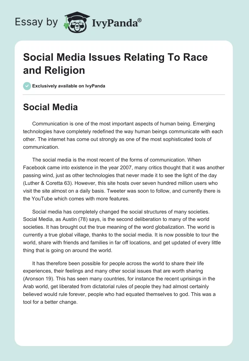 Social Media Issues Relating To Race and Religion. Page 1
