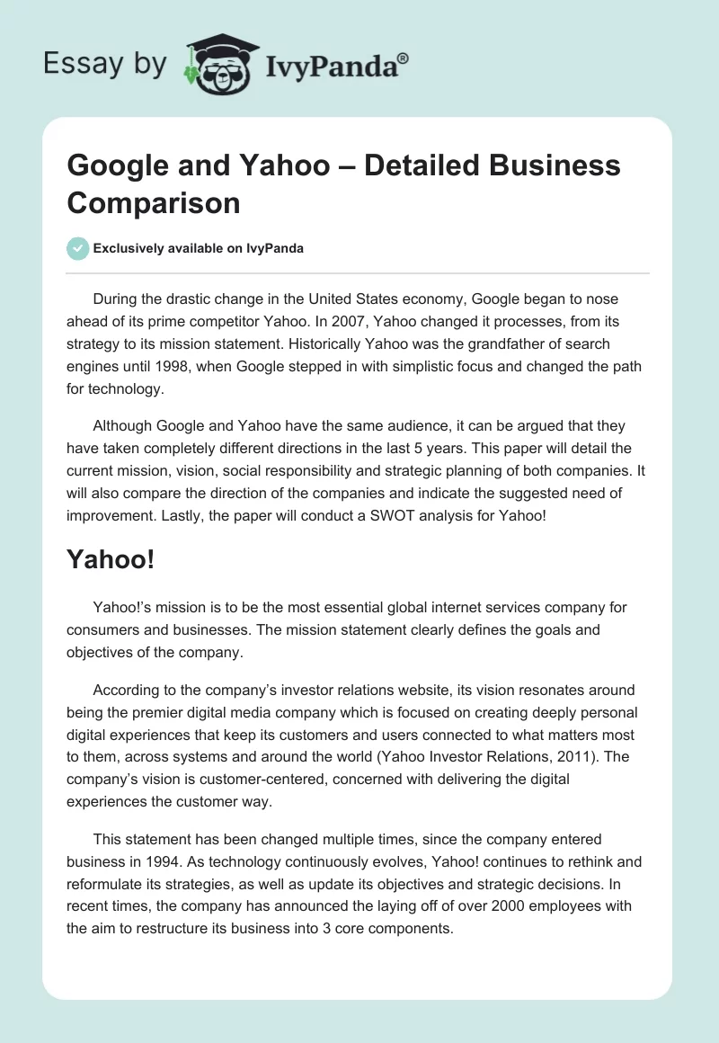 Google and Yahoo – Detailed Business Comparison. Page 1