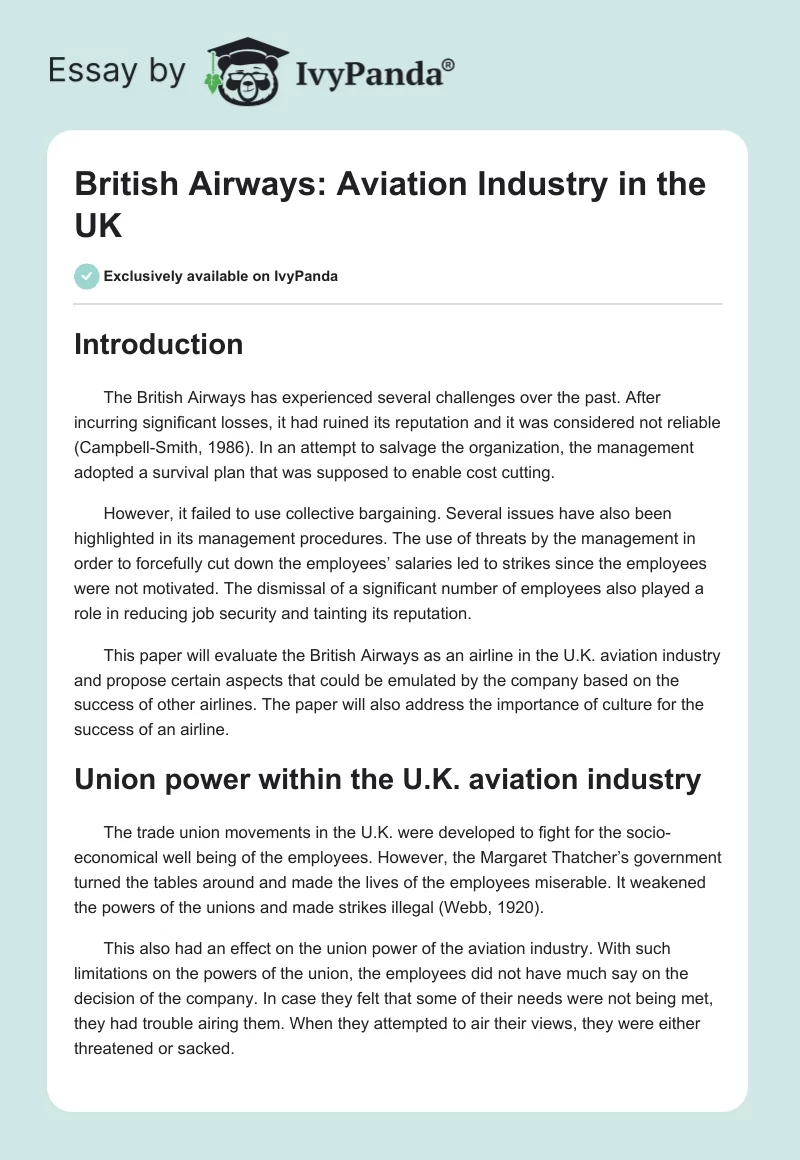 British Airways: Aviation Industry in the UK. Page 1