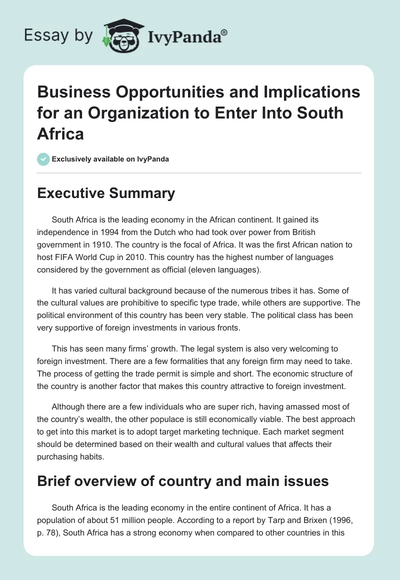 Business Opportunities and Implications for an Organization to Enter Into South Africa. Page 1