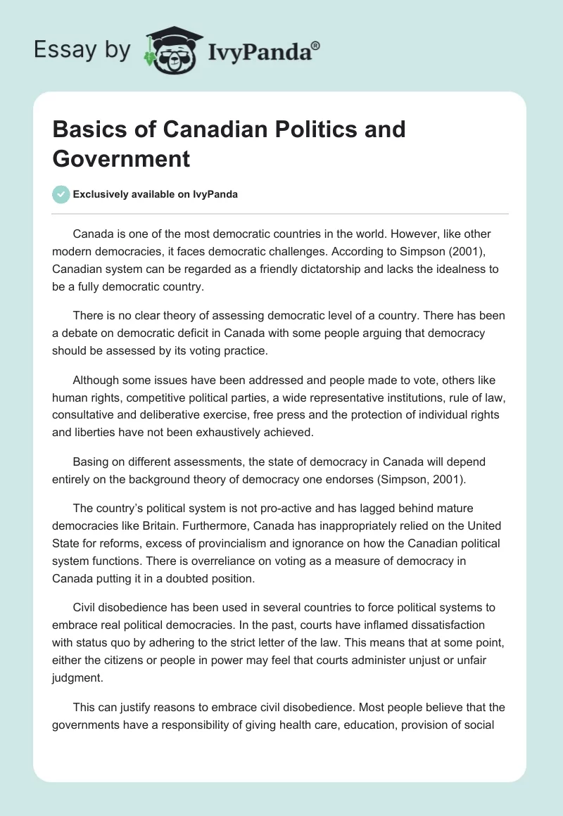 Basics of Canadian Politics and Government. Page 1