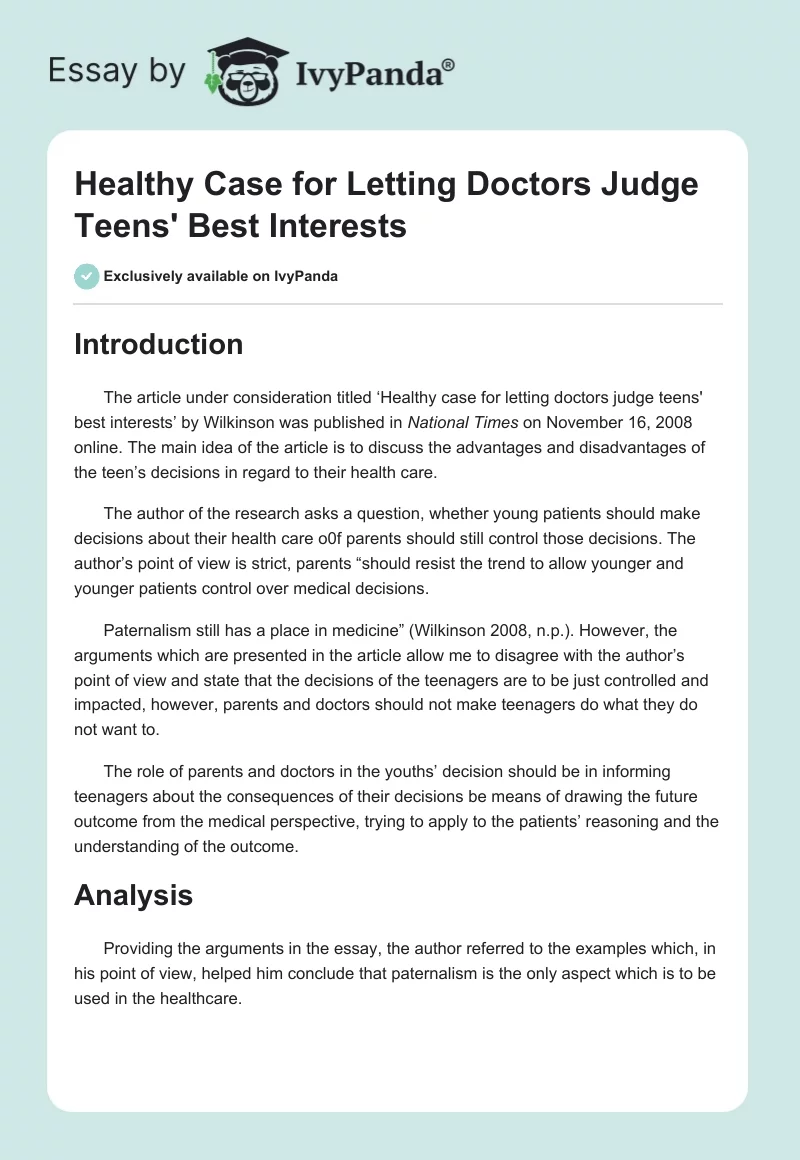 Healthy Case for Letting Doctors Judge Teens' Best Interests. Page 1