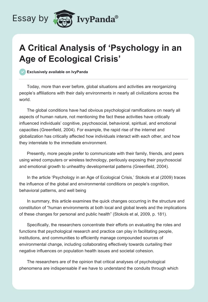 A Critical Analysis of ‘Psychology in an Age of Ecological Crisis’. Page 1