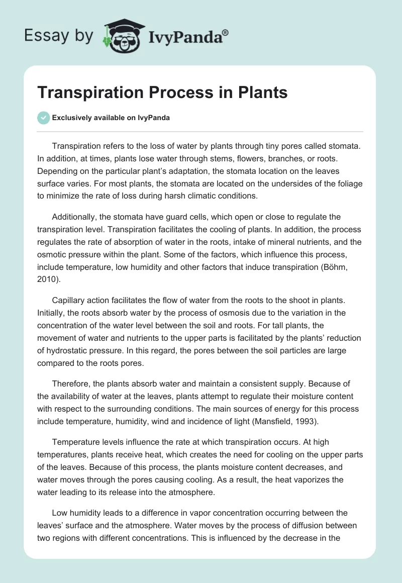 Transpiration Process in Plants. Page 1
