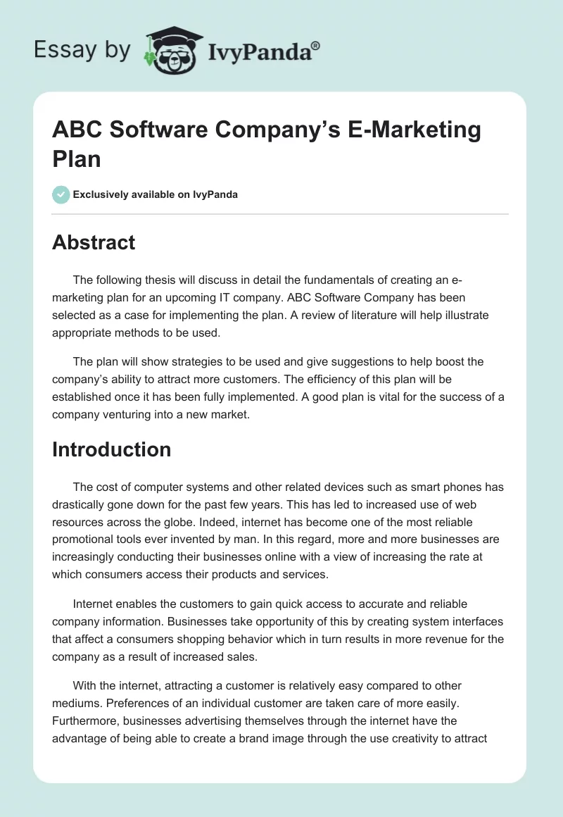ABC Software Company’s E-Marketing Plan. Page 1