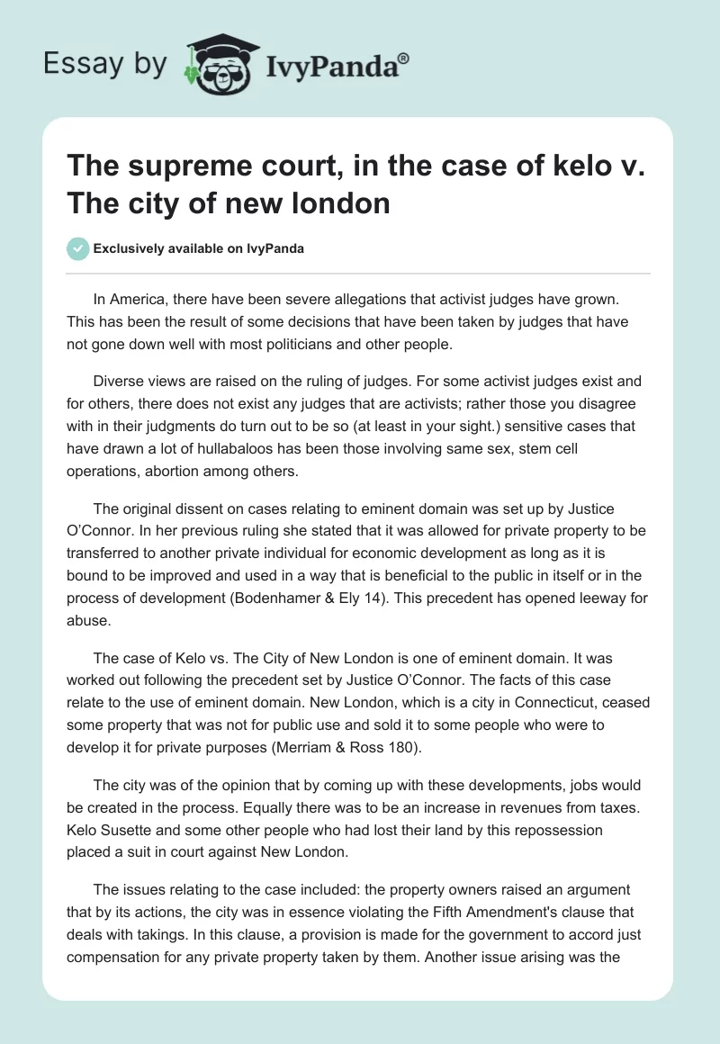 The Supreme Court, in the Case of Kelo vs. the City of New London. Page 1