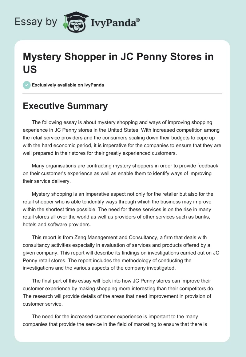 Mystery Shopper in JC Penny Stores in US. Page 1