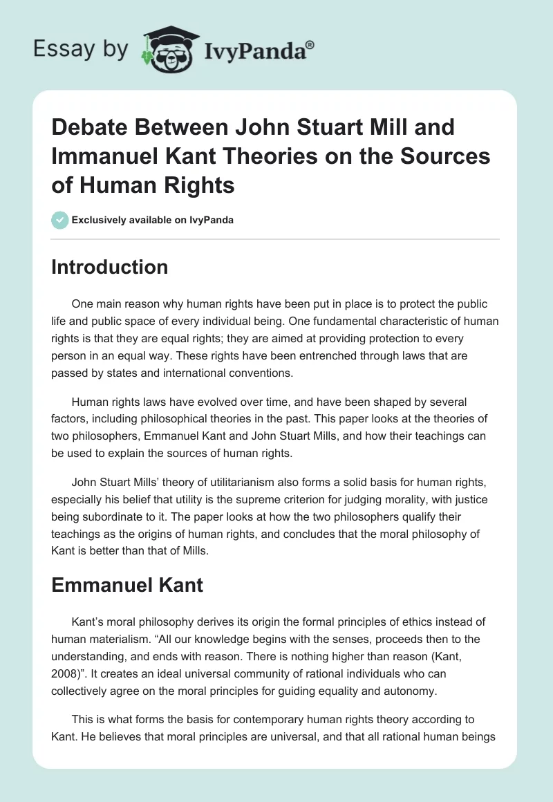 Debate Between John Stuart Mill and Immanuel Kant Theories on the Sources of Human Rights. Page 1
