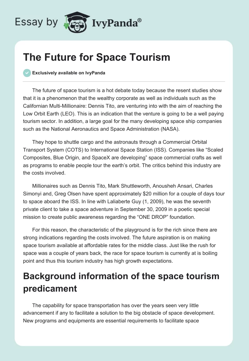 The Future for Space Tourism. Page 1