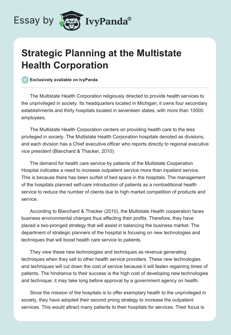 Strategic Planning at the Multistate Health Corporation. Page 1