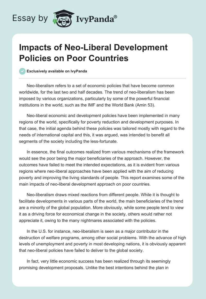 Impacts of Neo-Liberal Development Policies on Poor Countries. Page 1