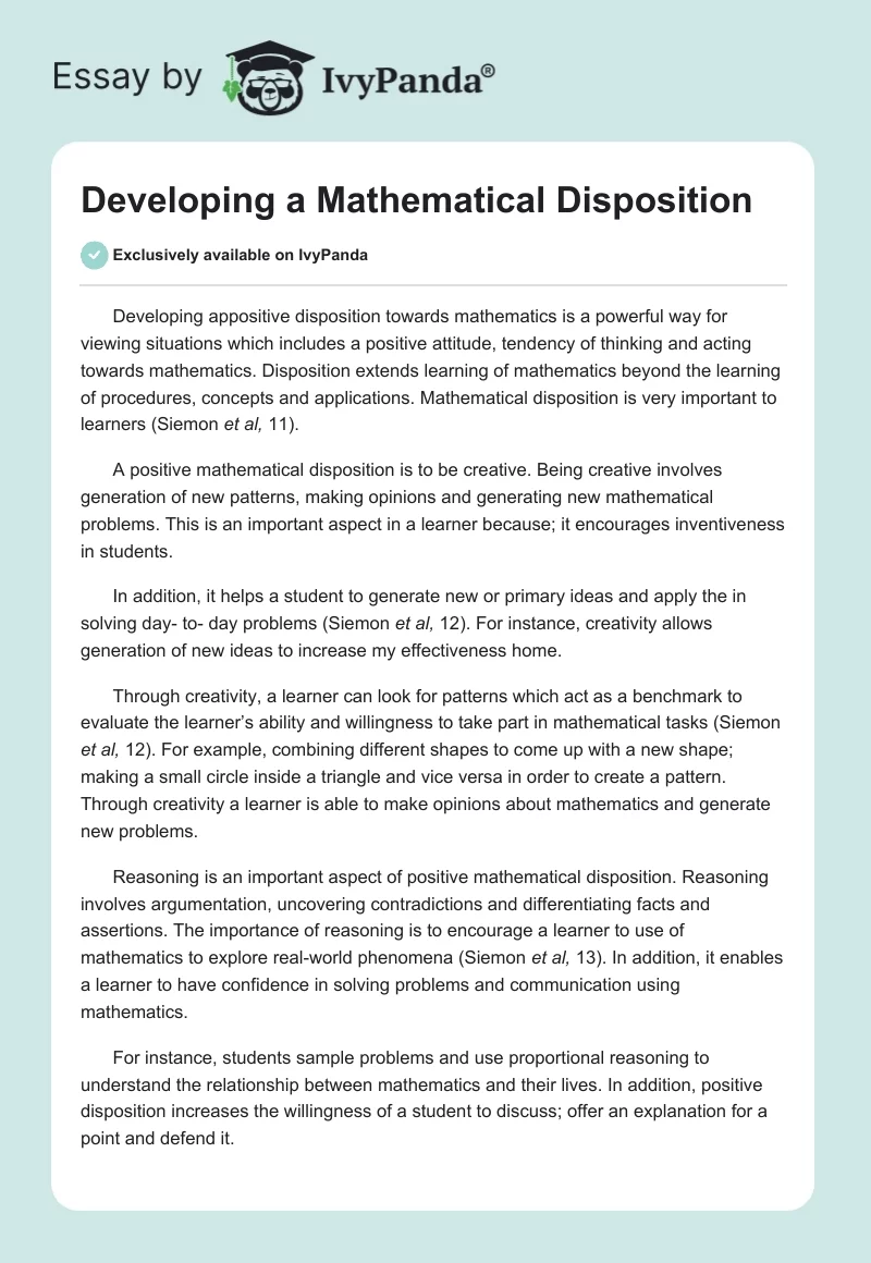 Developing a Mathematical Disposition. Page 1