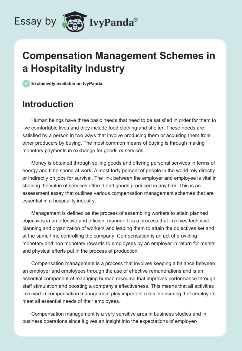 Compensation Management Schemes in a Hospitality Industry. Page 1