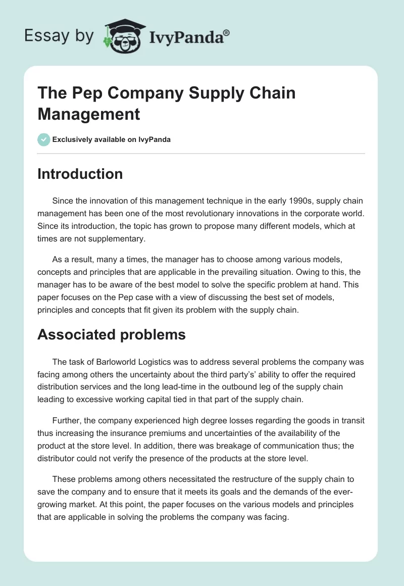 The Pep Company Supply Chain Management. Page 1