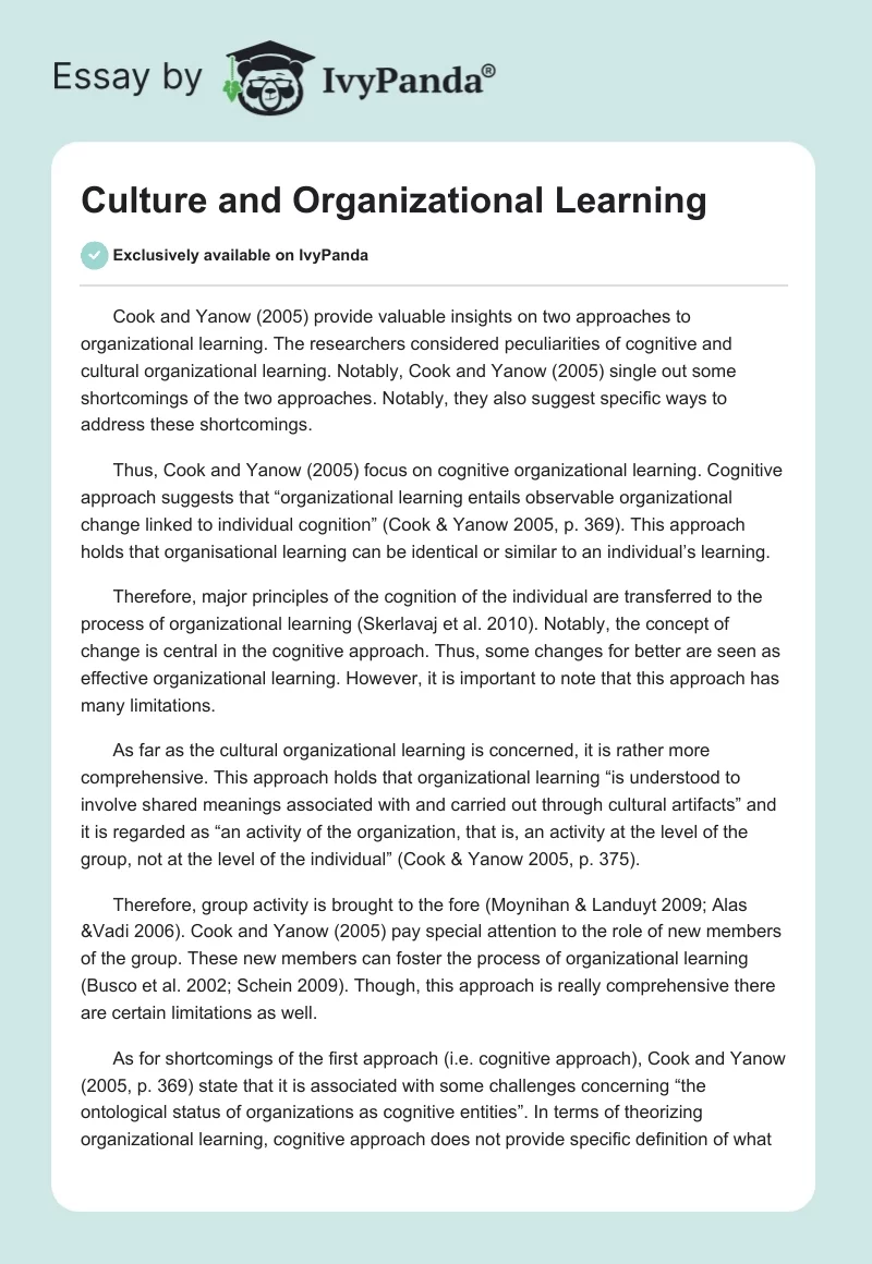 Culture and Organizational Learning. Page 1