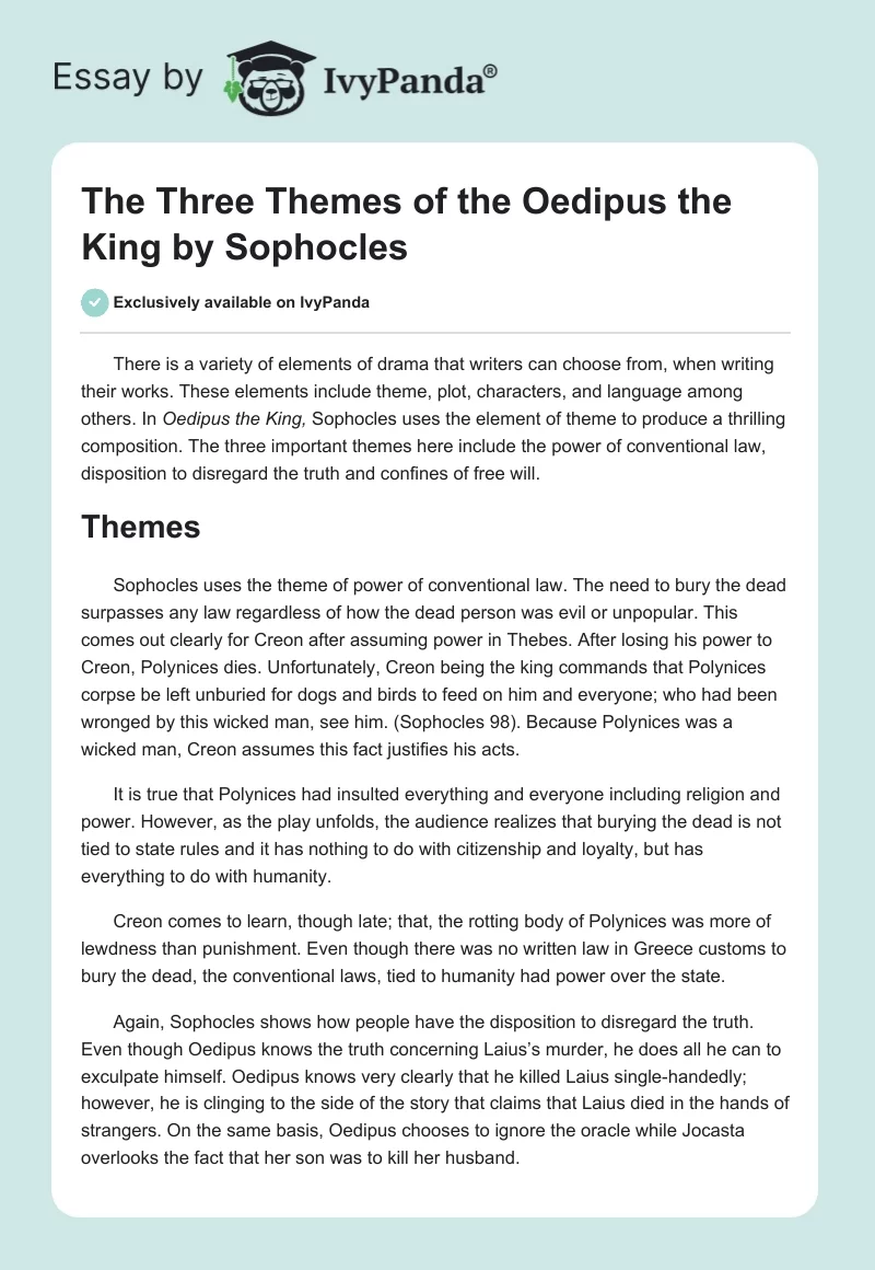 The Three Themes of the "Oedipus the King" by Sophocles. Page 1