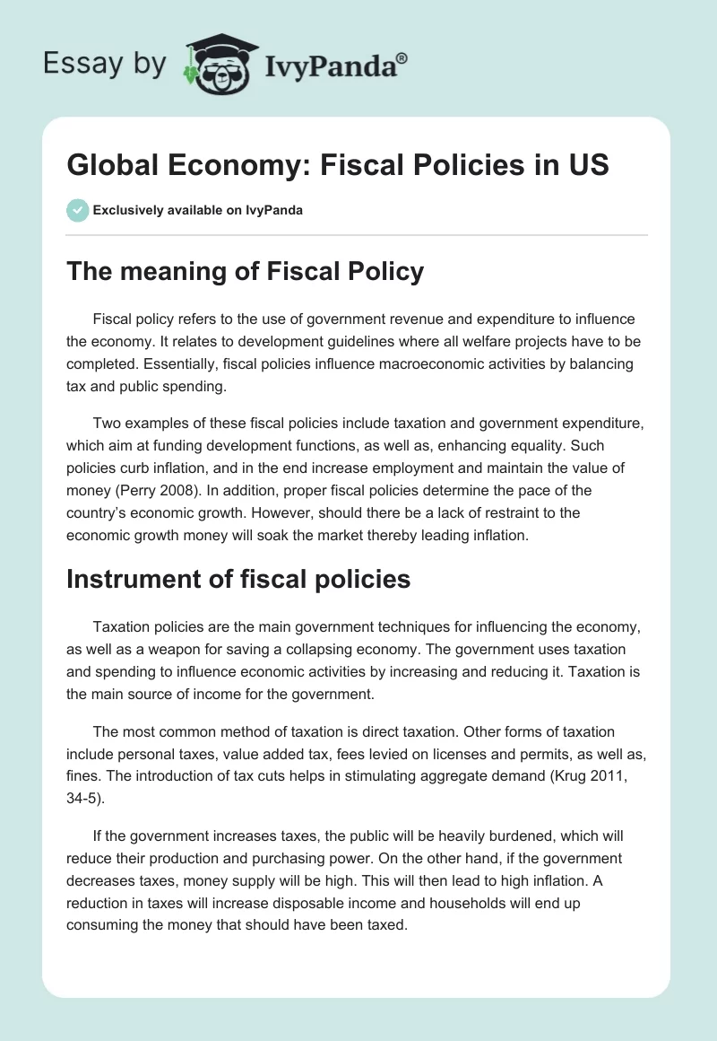 Global Economy: Fiscal Policies in US. Page 1