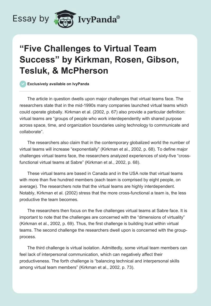 “Five Challenges to Virtual Team Success” by Kirkman, Rosen, Gibson, Tesluk, & McPherson. Page 1