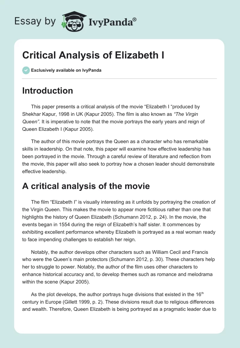 Critical Analysis of Elizabeth I. Page 1