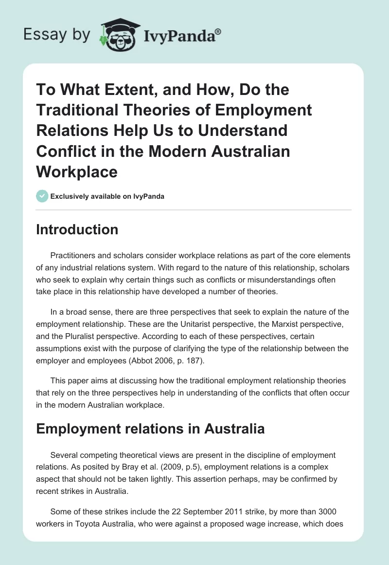 To What Extent, and How, Do the Traditional Theories of Employment Relations Help Us to Understand Conflict in the Modern Australian Workplace. Page 1