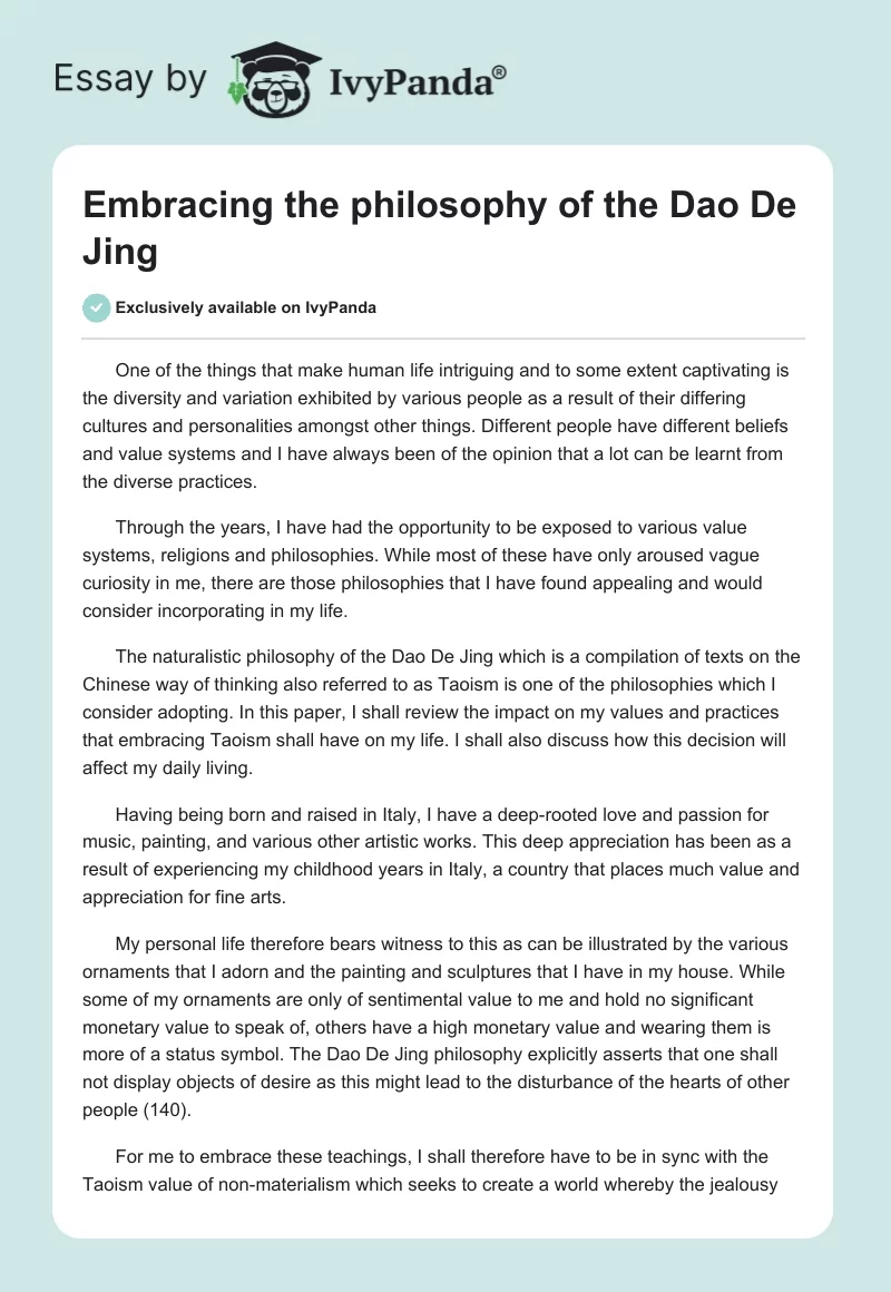 Embracing the philosophy of the Dao De Jing. Page 1
