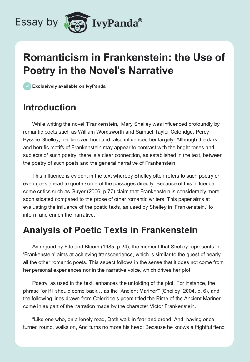 Romanticism in Frankenstein: The Use of Poetry in the Novel's Narrative. Page 1