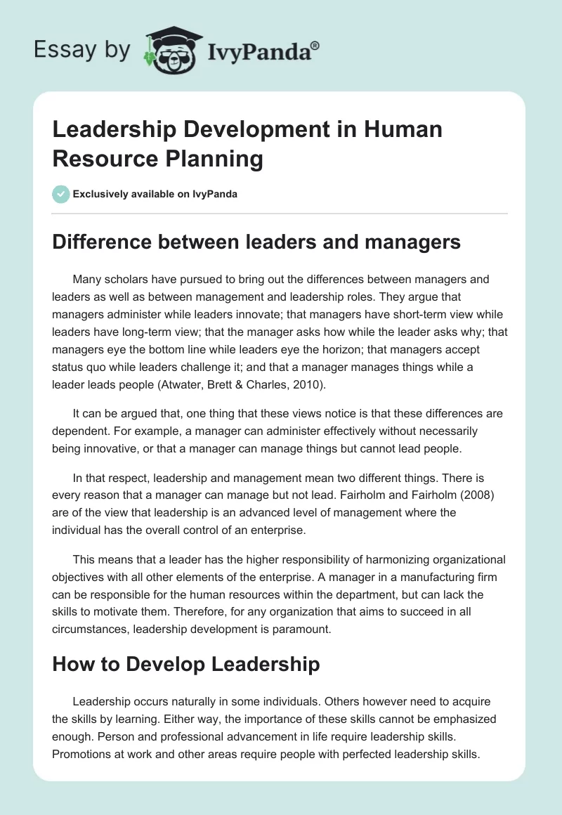 Leadership Development in Human Resource Planning. Page 1