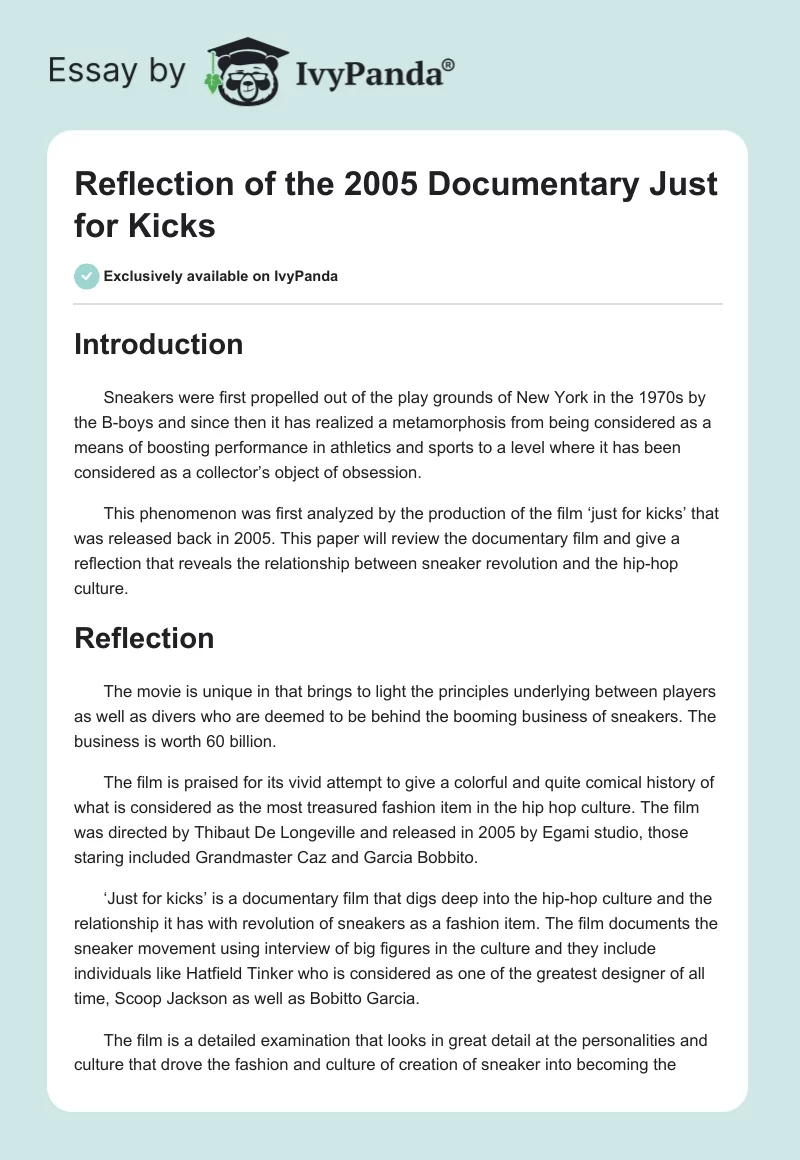 Reflection of the 2005 Documentary "Just for Kicks". Page 1