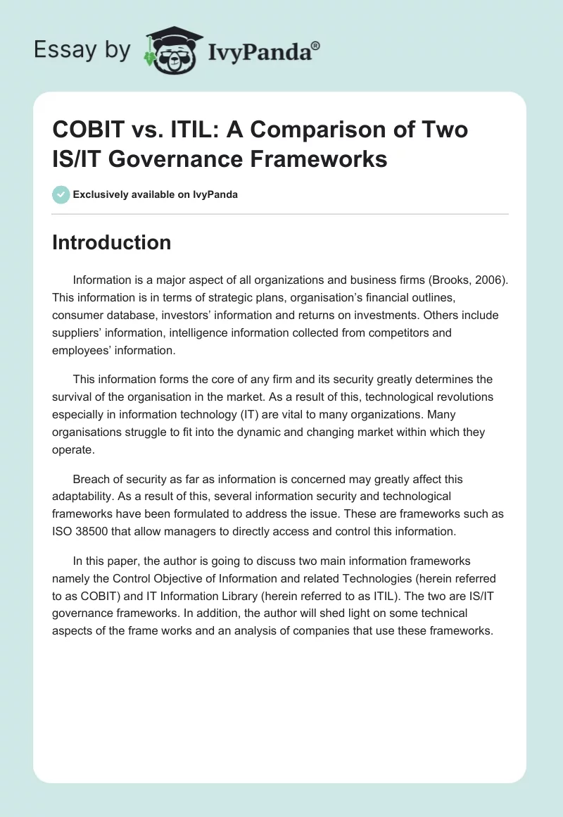 COBIT vs. ITIL: A Comparison of Two IS/IT Governance Frameworks. Page 1
