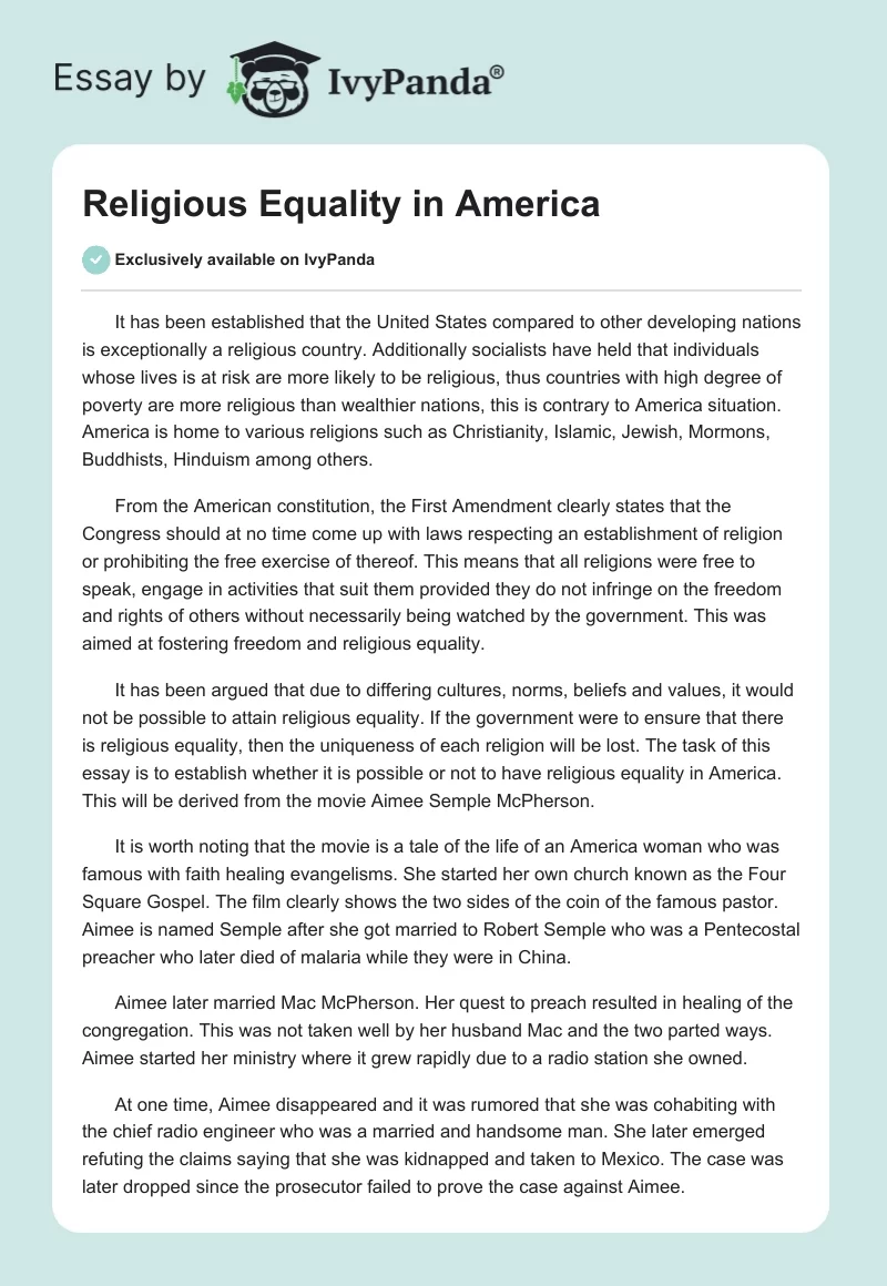 Religious Equality in America. Page 1