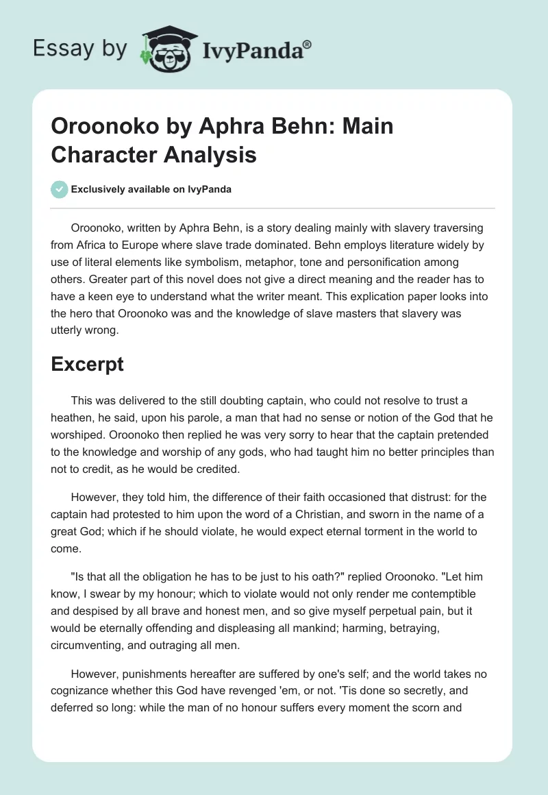 "Oroonoko" by Aphra Behn: Main Character Analysis. Page 1