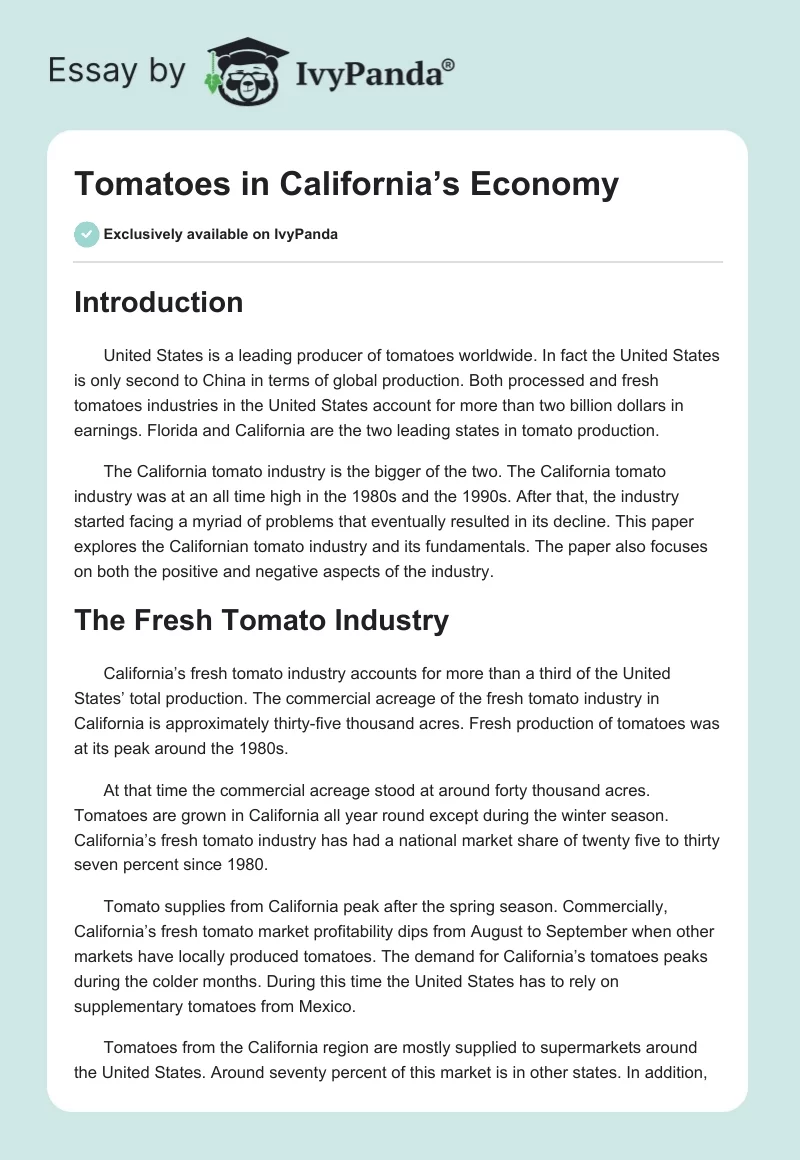 Tomatoes in California’s Economy. Page 1
