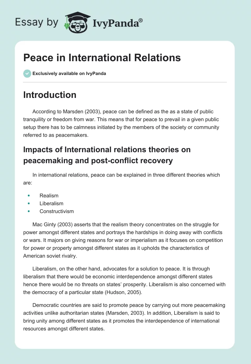 Peace in International Relations. Page 1