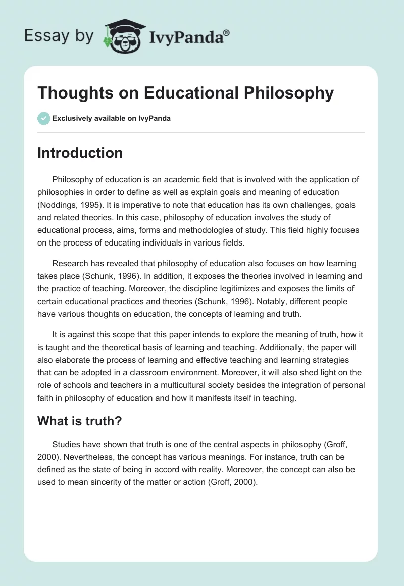 Thoughts on Educational Philosophy. Page 1