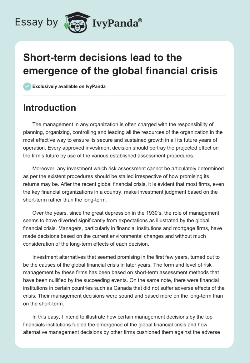 Short-term decisions lead to the emergence of the global financial crisis. Page 1