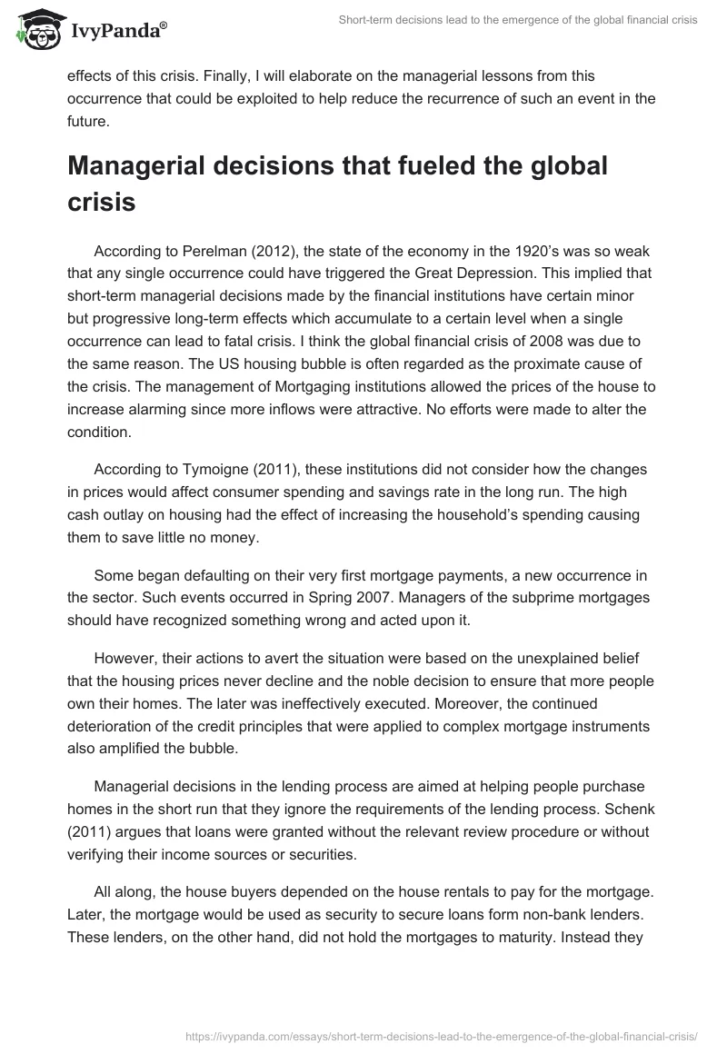Short-term decisions lead to the emergence of the global financial crisis. Page 2