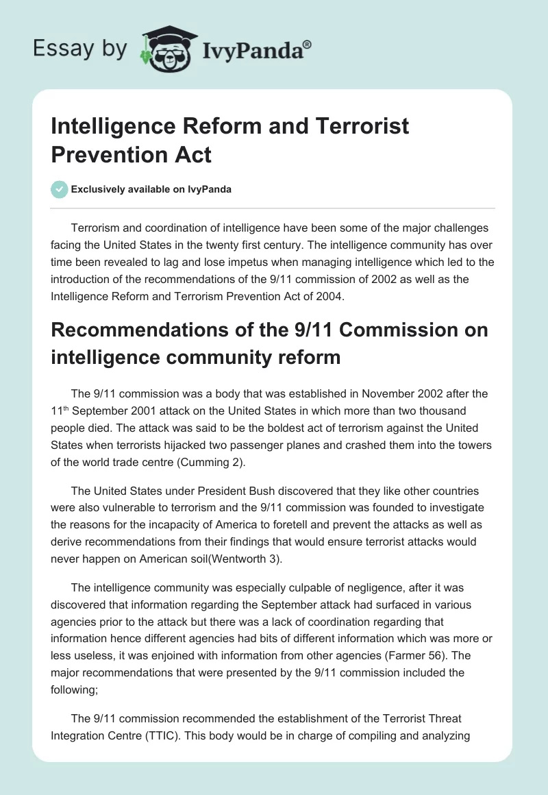 Intelligence Reform and Terrorist Prevention Act. Page 1