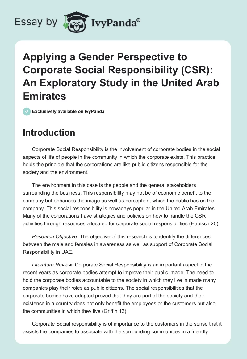 Applying a Gender Perspective to Corporate Social Responsibility (CSR): An Exploratory Study in the United Arab Emirates. Page 1