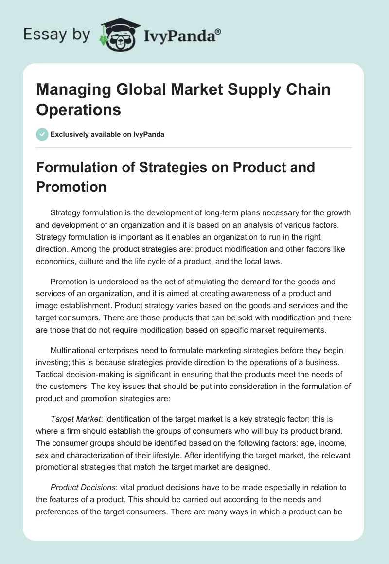 Managing Global Market Supply Chain Operations. Page 1