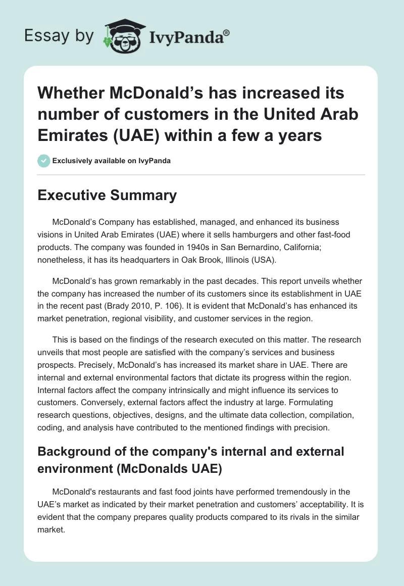 Whether McDonald’s Has Increased Its Number of Customers in the United Arab Emirates (UAE) Within a Few a Years. Page 1