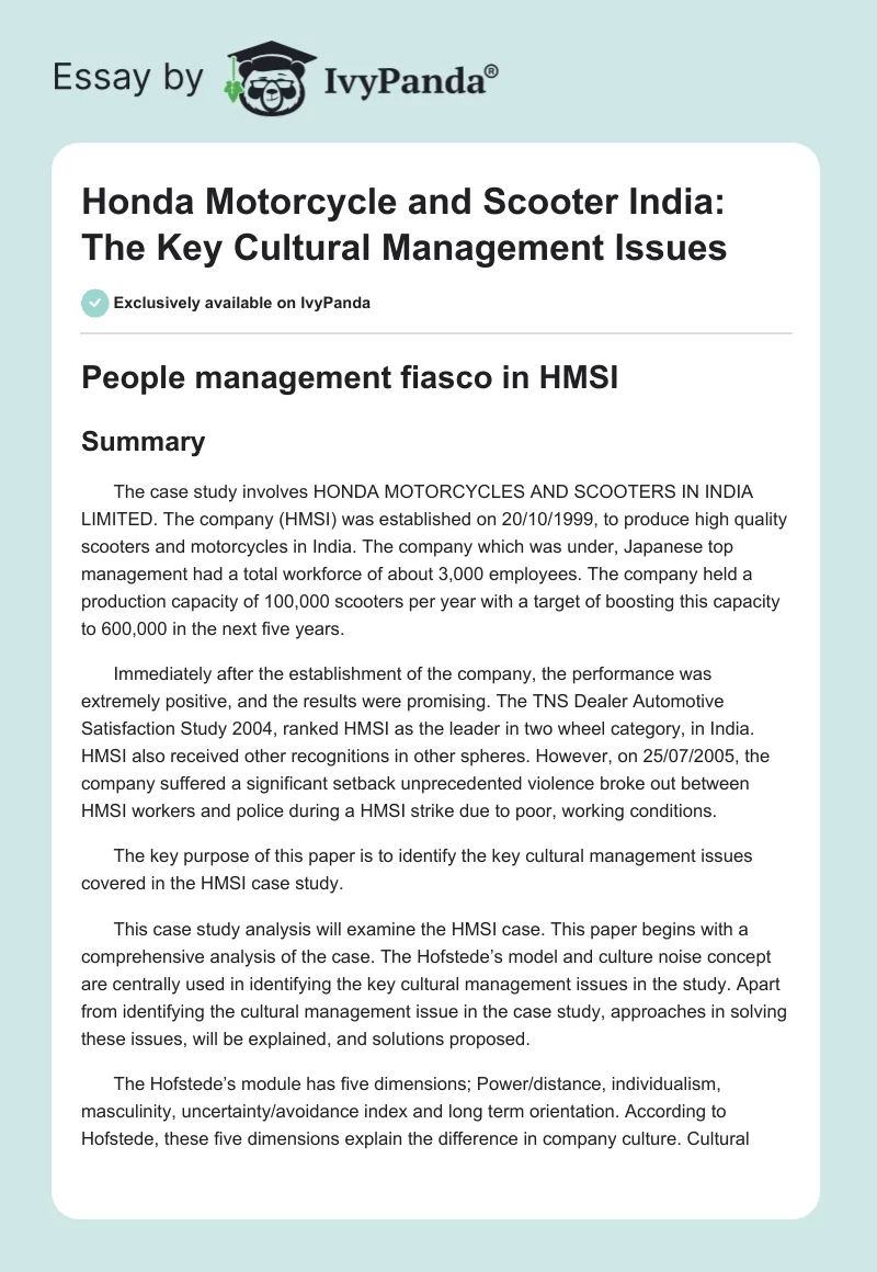 Honda Motorcycle and Scooter India: The Key Cultural Management Issues. Page 1