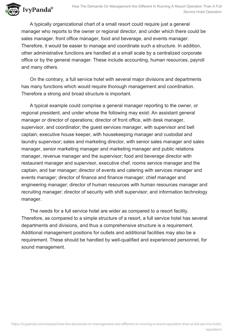 How The Demands On Management Are Different In Running A Resort Operation Than A Full Service Hotel Operation. Page 2