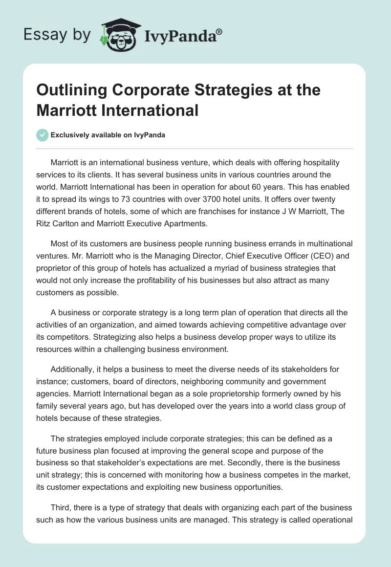 Outlining Corporate Strategies at the Marriott International. Page 1
