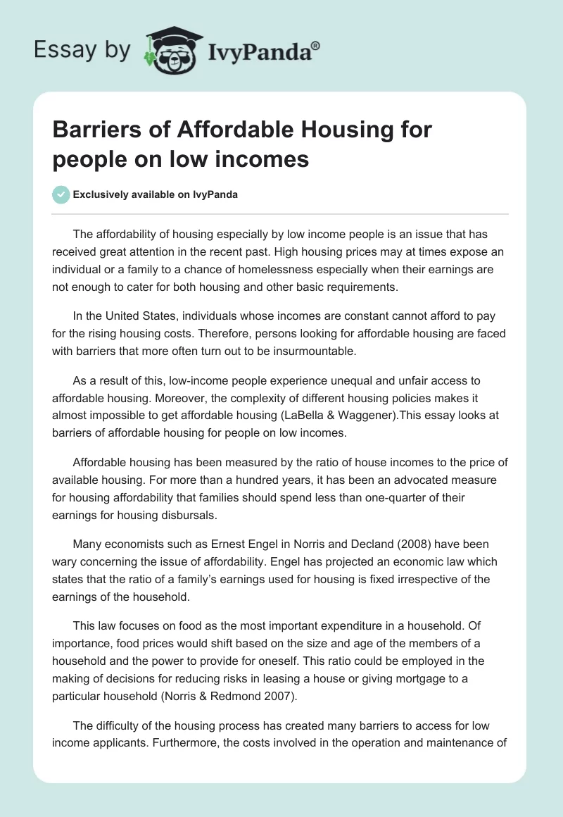 Barriers of Affordable Housing for people on low incomes. Page 1
